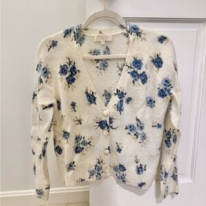 Sézane Cream Cardigan with Blue Floral Design